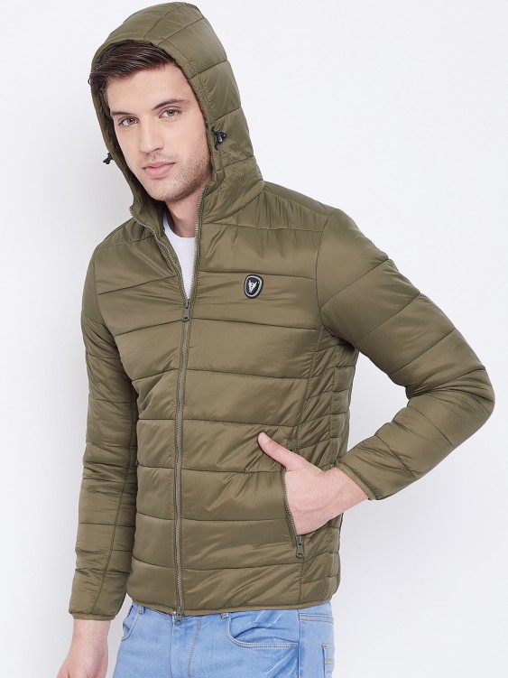 Olive Solid Hooded Puffer Jacket