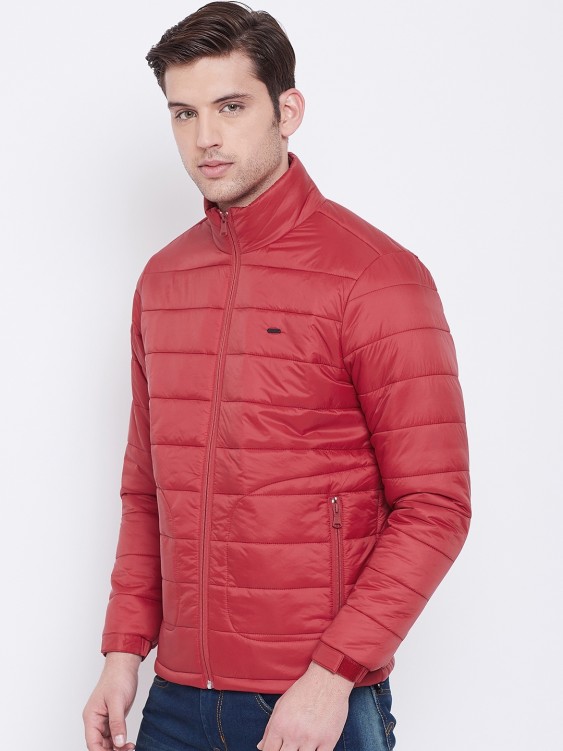 Maroon Solid High Neck Puffer Jacket