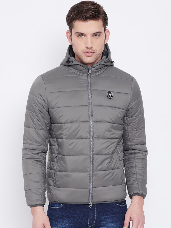 Charcaol Solid Hooded Puffer Jacket