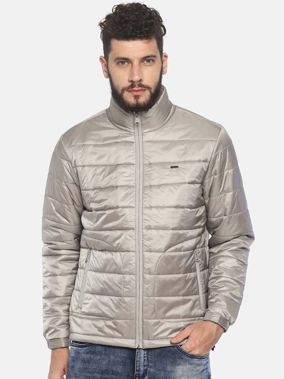 Light Grey Solid High Neck Puffer Jacket