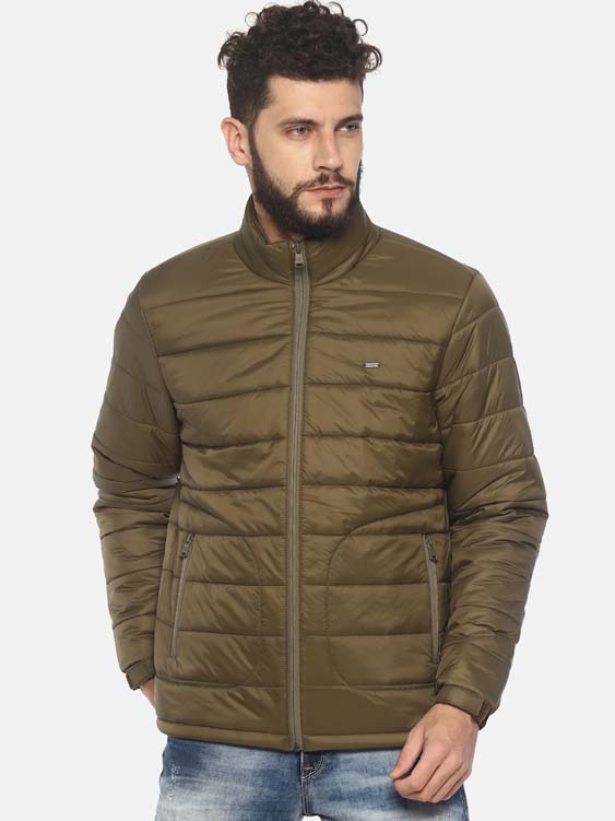 Olive Solid High Neck Puffer Jacket