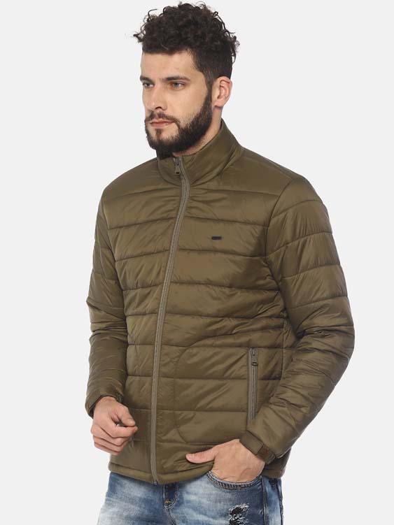 Olive Solid High Neck Puffer Jacket