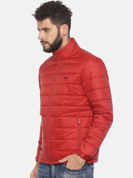 Red Solid High Neck Puffer Jacket