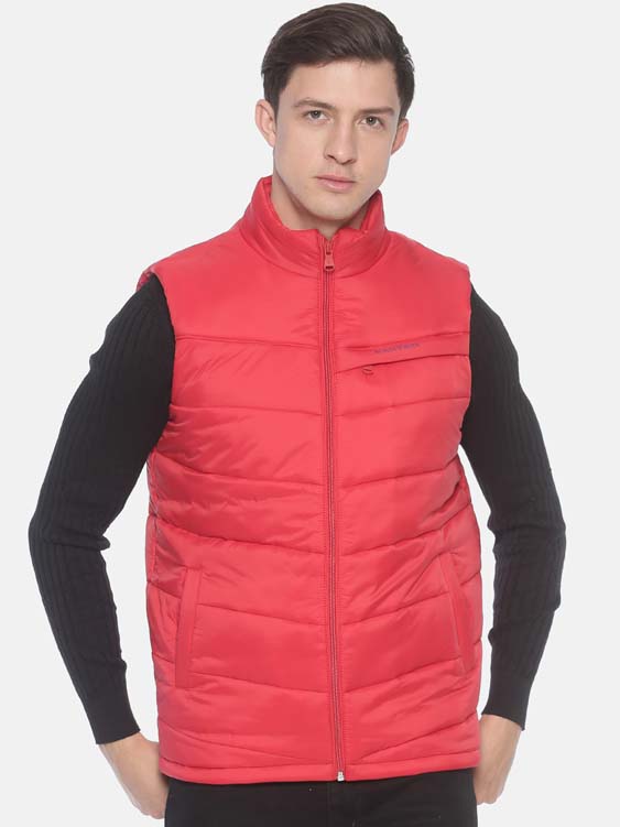Red Solid Sleeveless High Neck Puffer Jacket