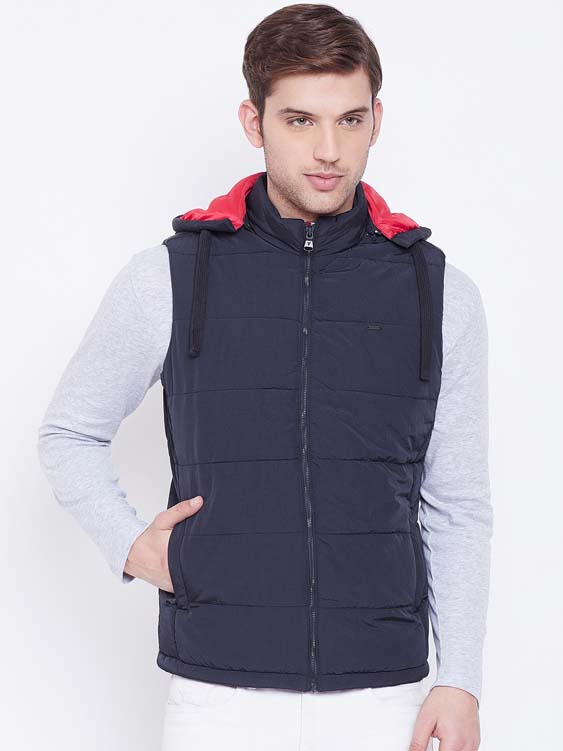 Navy Blue Solid Sleeveless Hooded Puffer Jacket