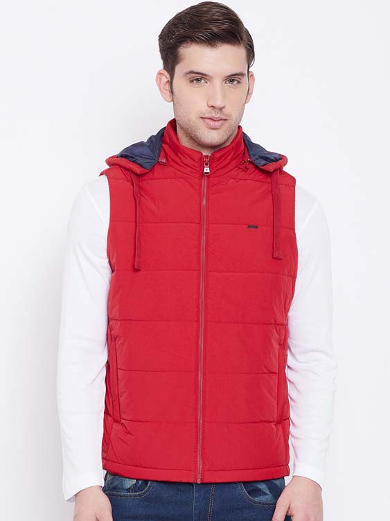 Red Solid Sleeveless Hooded Puffer Jacket