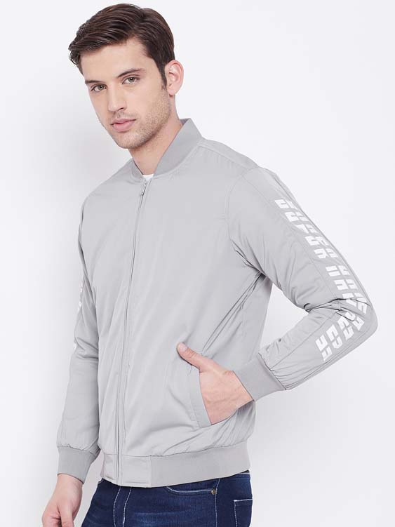 Grey Solid Stand Collar Bomber Jacket