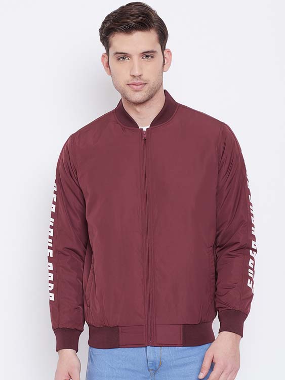 Wine Solid Stand Collar Bomber Jacket