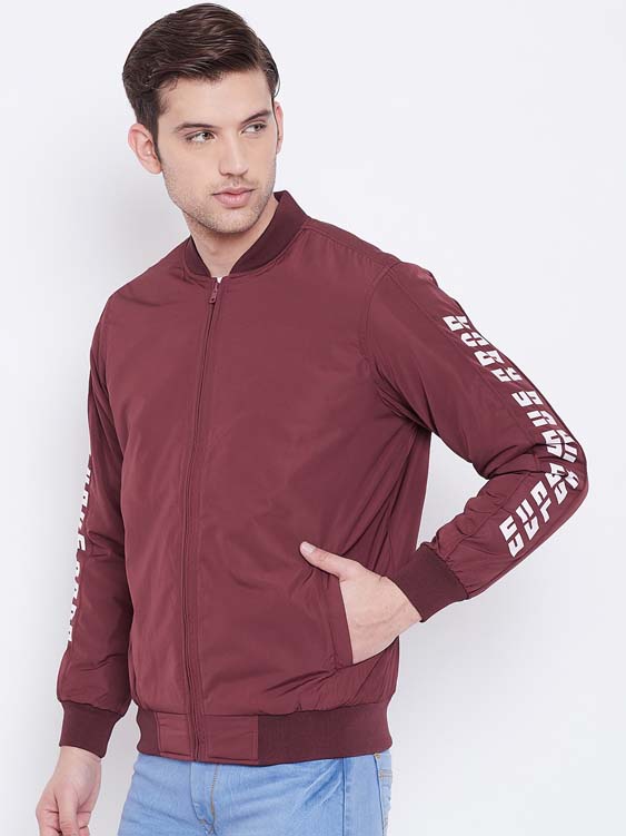 Wine Solid Stand Collar Bomber Jacket