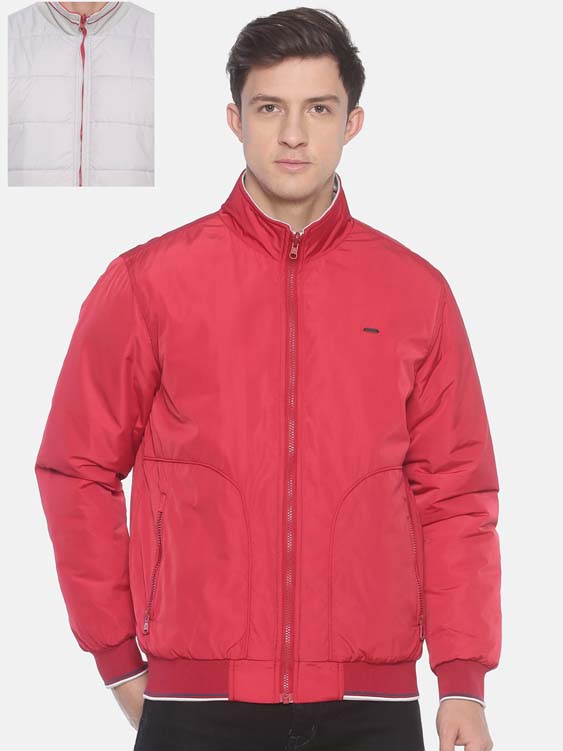 Red & Grey Solid Reversible High Neck Bomber Jacket