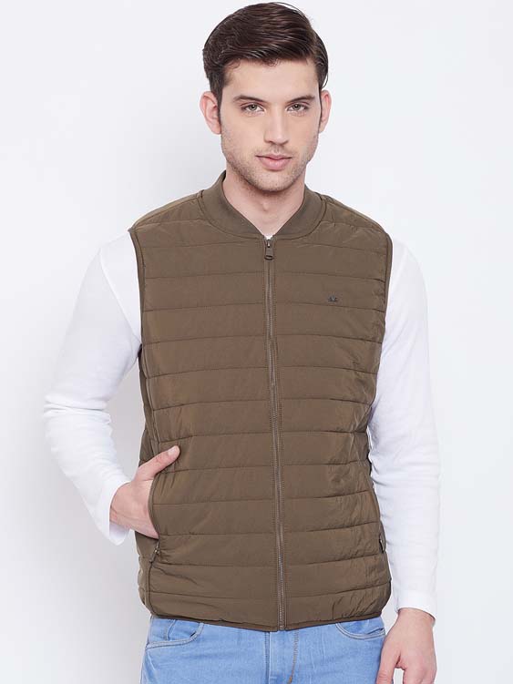 Brown Solid Sleeveless Stand Collar Puffer Jacket