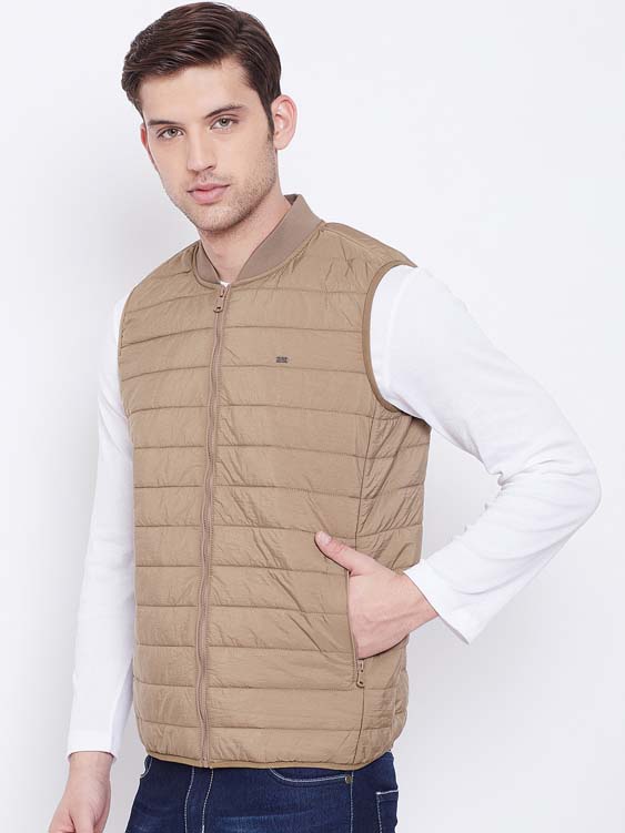 Khaki Solid Sleeveless Stand Collar Puffer Jacket