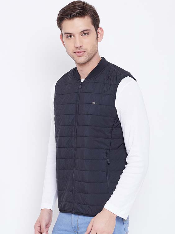 Navy Blue Solid Sleeveless Stand Collar Puffer Jacket