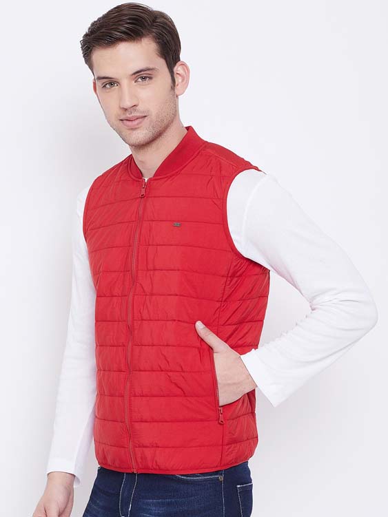 Red Solid Sleeveless Stand Collar Puffer Jacket