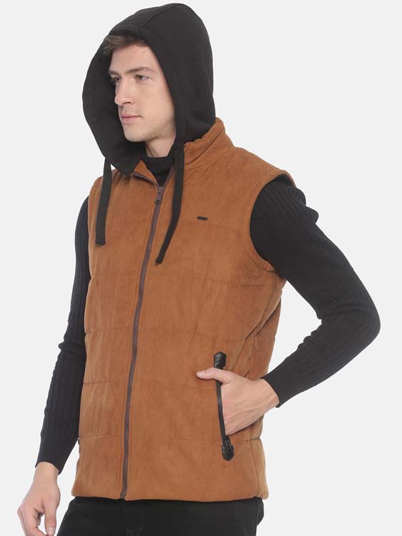 Tan Brown Solid Sleeveless Hooded Bomber Jacket
