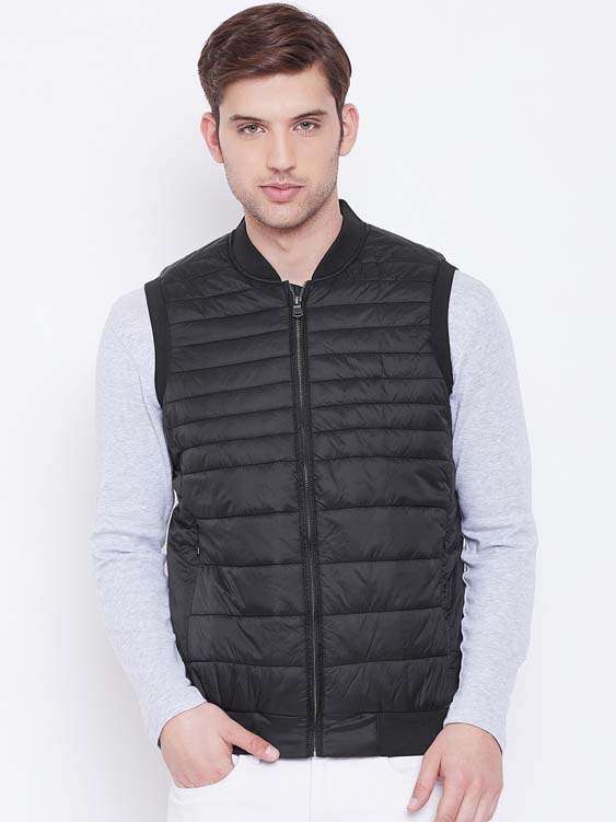 Black Solid Sleeveless Stand Collar Puffer Jacket