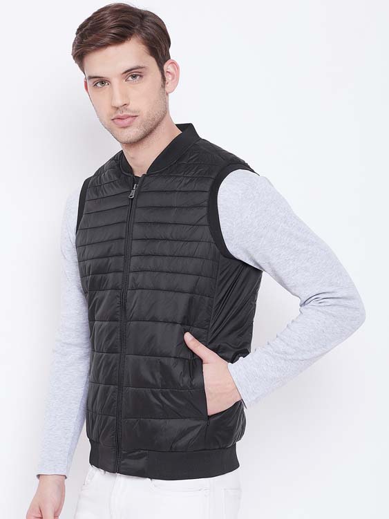 Black Solid Sleeveless Stand Collar Puffer Jacket