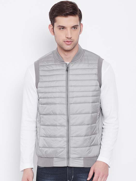 Light Grey Solid Sleeveless Stand Collar Puffer Jacket