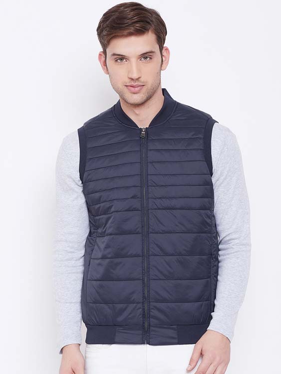 Navy Solid Sleeveless Stand Collar Puffer Jacket