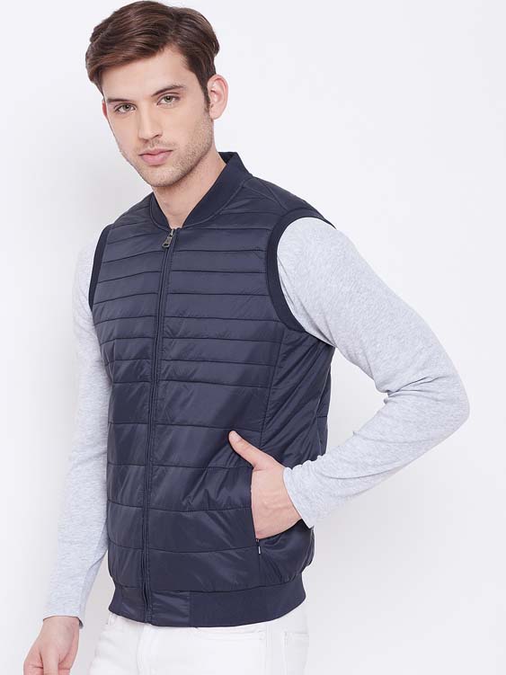 Navy Solid Sleeveless Stand Collar Puffer Jacket