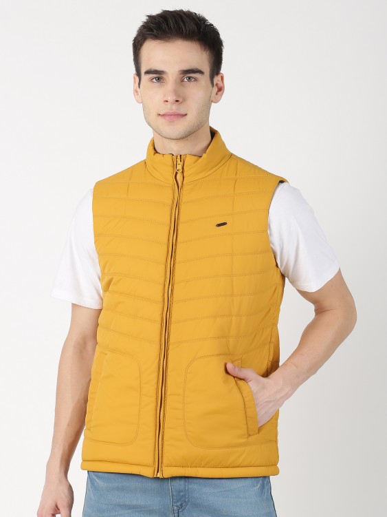 Navy & Mustard Solid Sleeveless Reversible Puffer Jacket