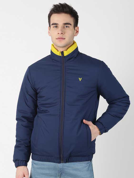Denim & Yellow Solid Reversible High Neck Puffer Jacket
