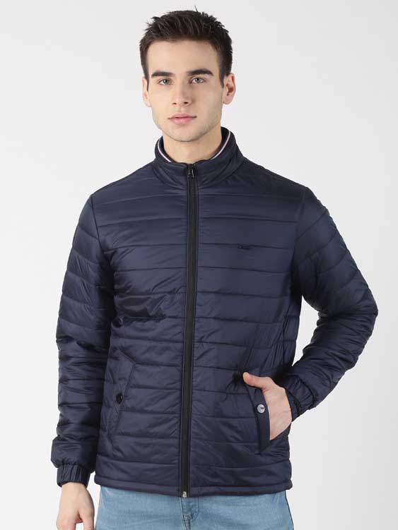 Navy Blue Solid High Neck Puffer Jacket