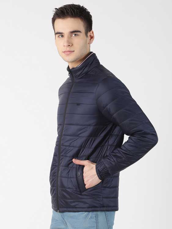 Navy Blue Solid High Neck Puffer Jacket