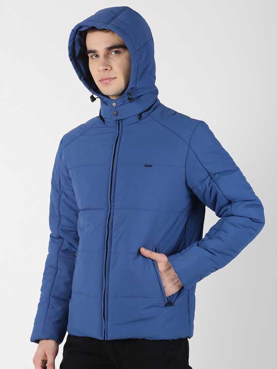 Royal Blue Solid Puffer with Detachable Hooded Jacket