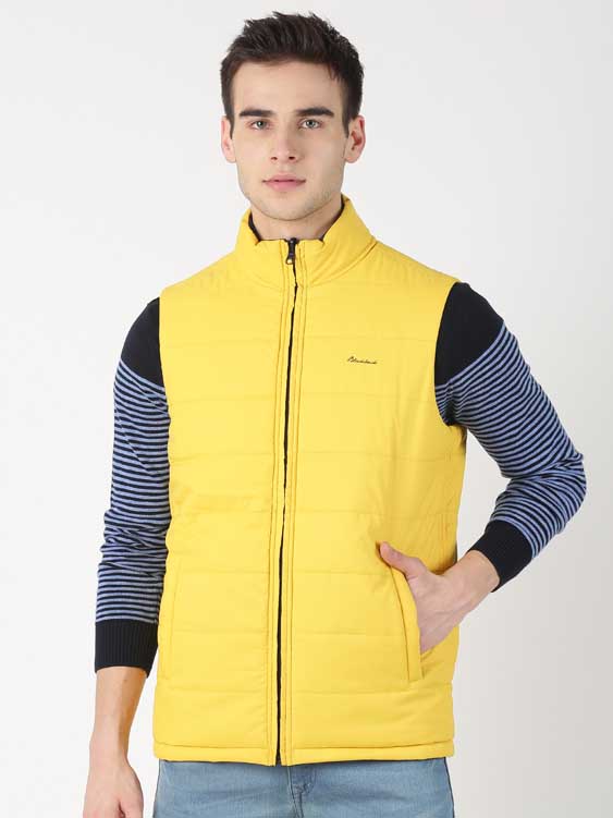 Denim Blue & Yellow Solid Reversible High Neck Puffer Jacket