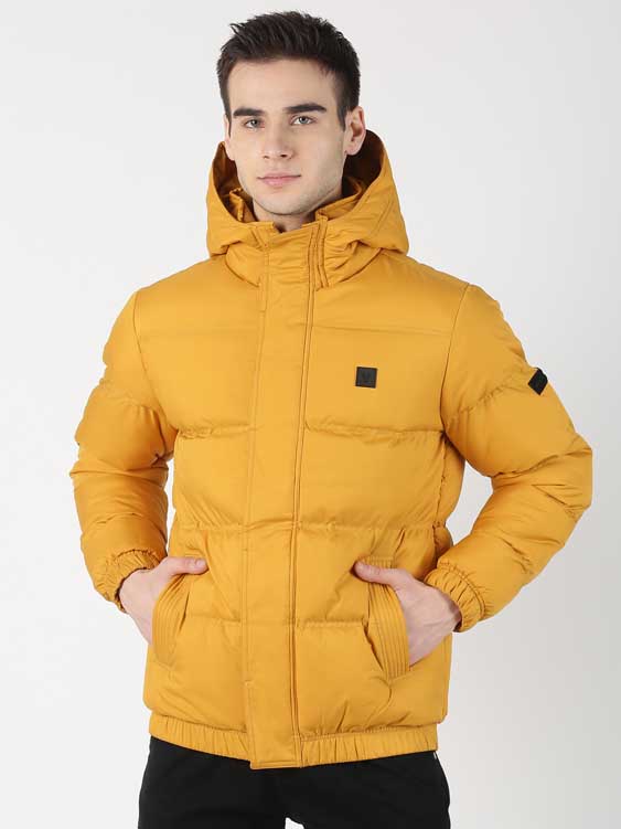 Mustard Solid Puffer Hooded Jacket