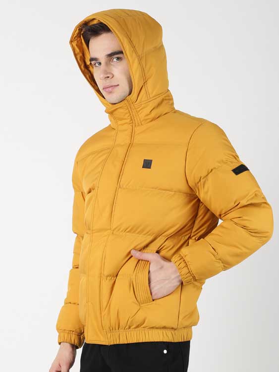 Mustard Solid Puffer Hooded Jacket