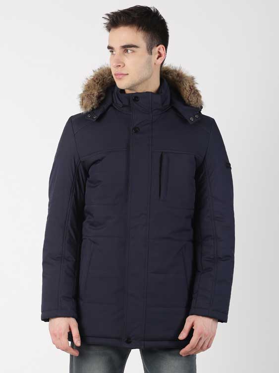 Navy Blue Solid Bomber With Detachable Hood Jacket