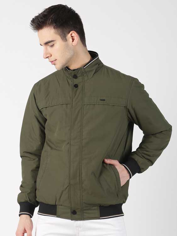 Olive Green Solid Stand Collar Bomber Jacket