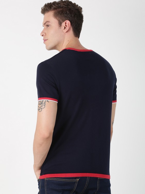 Navy Blue & Red Colourblocked Round Neck T-shirt