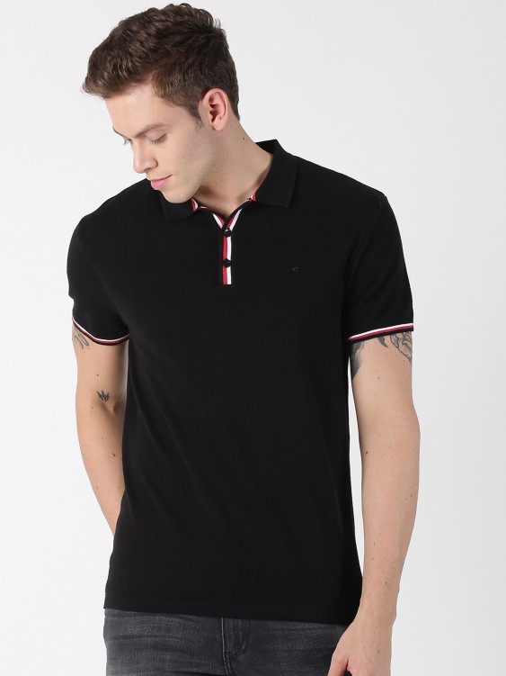 Black Solid Polo Collar T-shirt