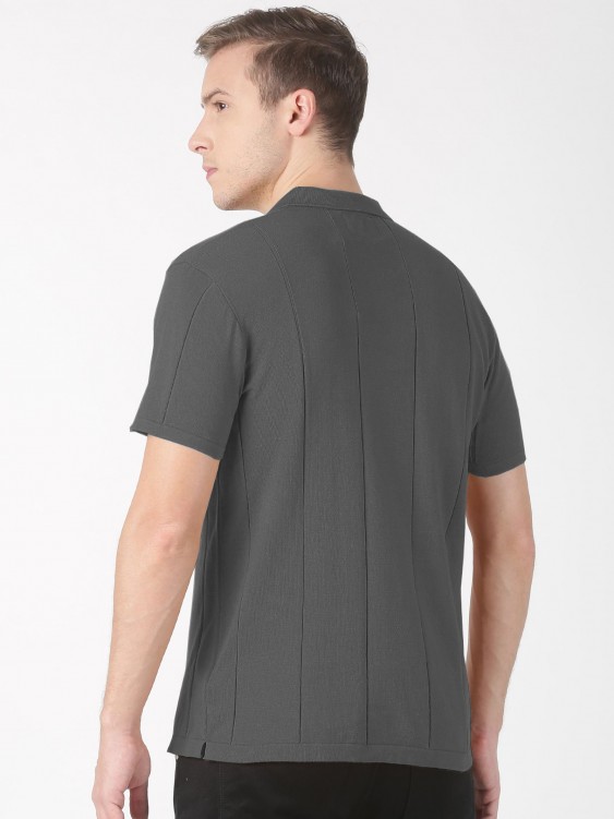 Charcoal Grey Striped Polo Collar T-shirt