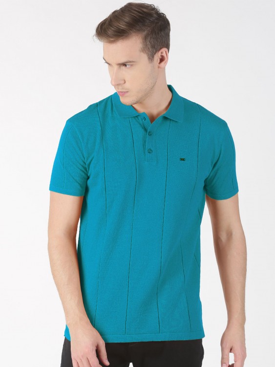 Turquoise Blue Striped Polo Collar T-shirt