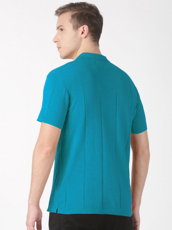 Turquoise Blue Striped Polo Collar T-shirt