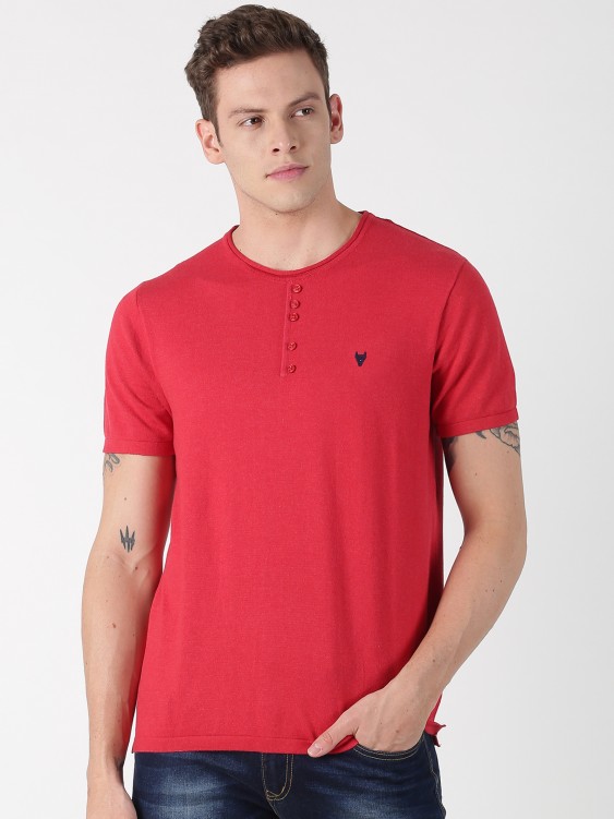 Red Solid Henley Neck T-shirt