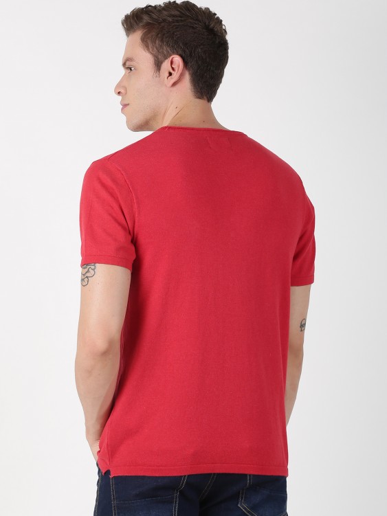 Red Solid Henley Neck T-shirt