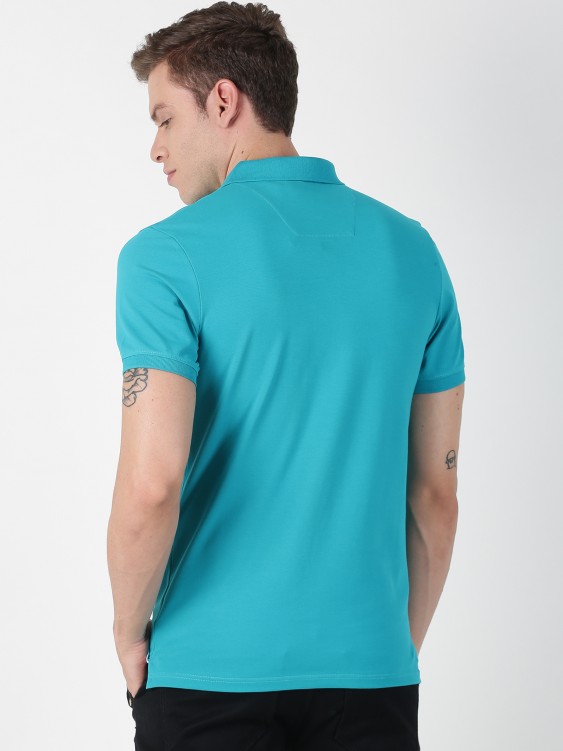 Turquoise Blue & White Printed Polo Collar T-shirt