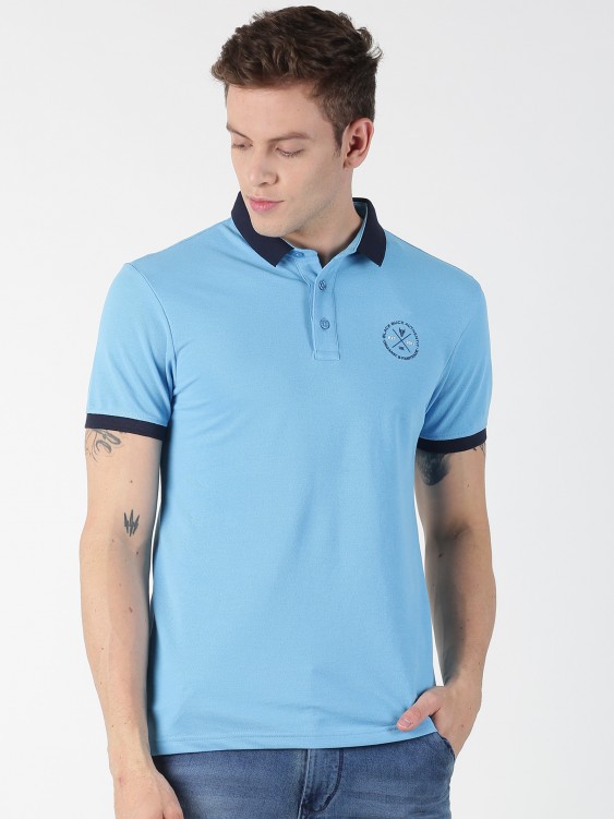 Blue Solid Polo Collar T-shirt