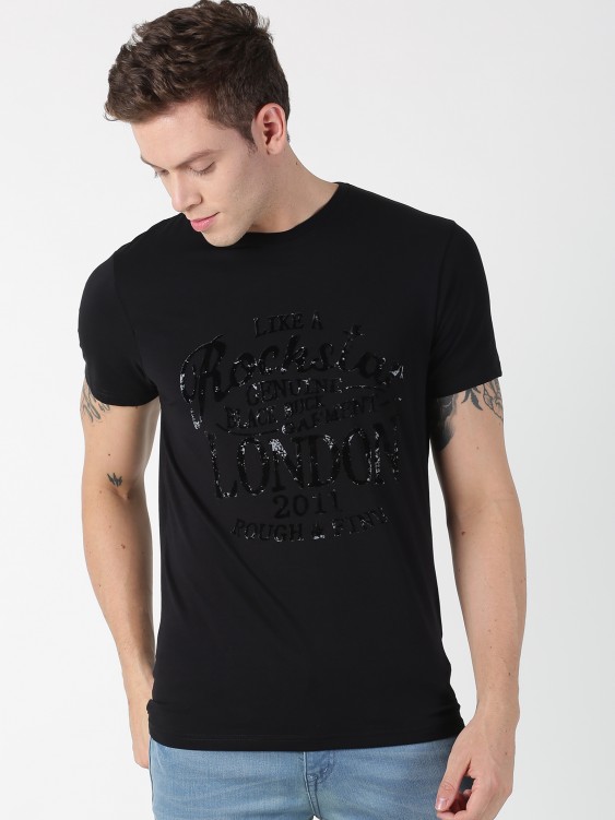 Black Printed Round Neck T-shirt