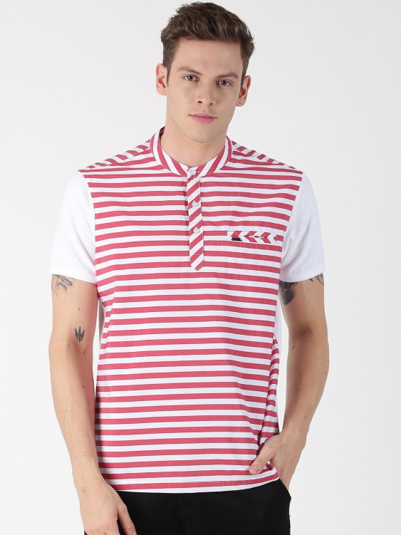 White & Red Striped Mandarin Collar T-shirt