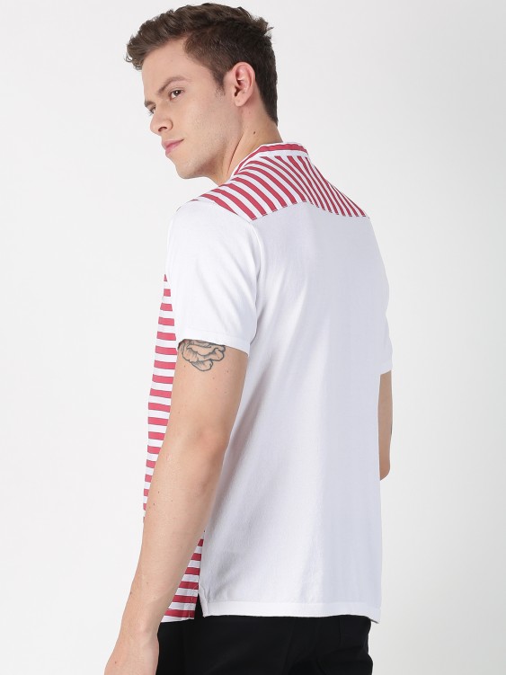 White & Red Striped Mandarin Collar T-shirt