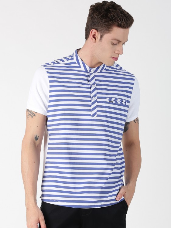 White & Blue Striped Mandarin Collar T-Shirt