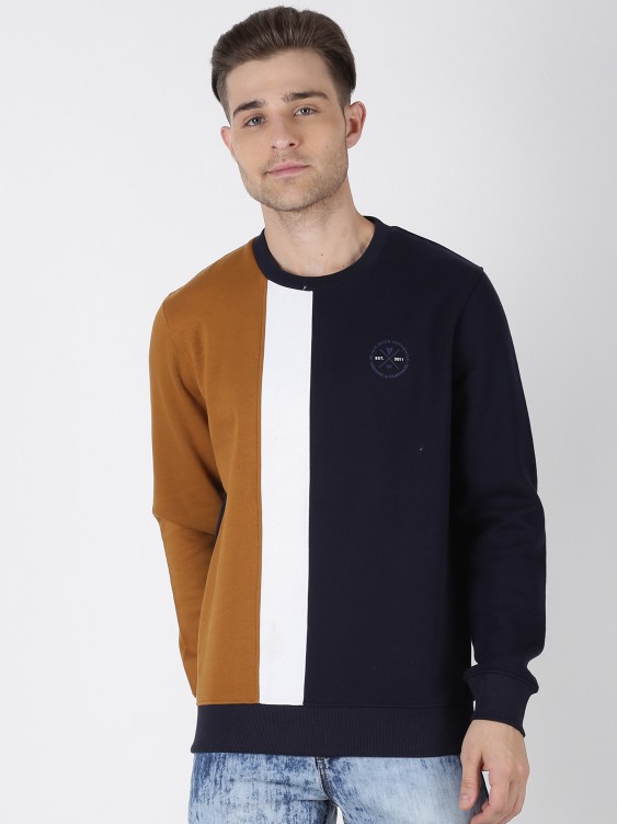 Tan & Navy Blue Colorblocked Round Neck Sweatshirt