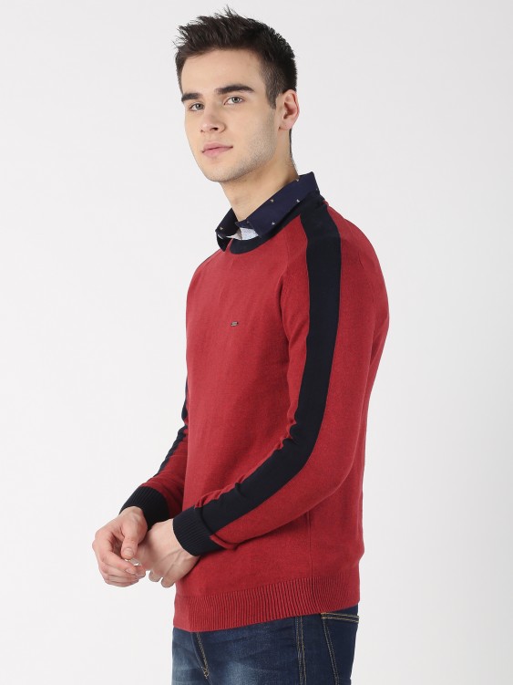Red Solid Round Neck Sweater