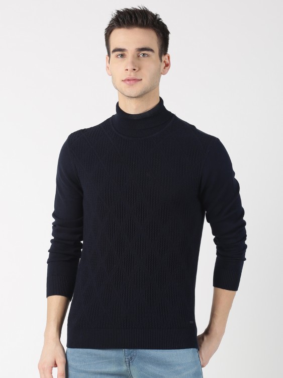 Navy Blue Solid High Neck Sweater